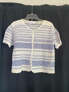 Vintage Christopher & Banks Blue and White Crocheted Short-Sleeve Cardigan